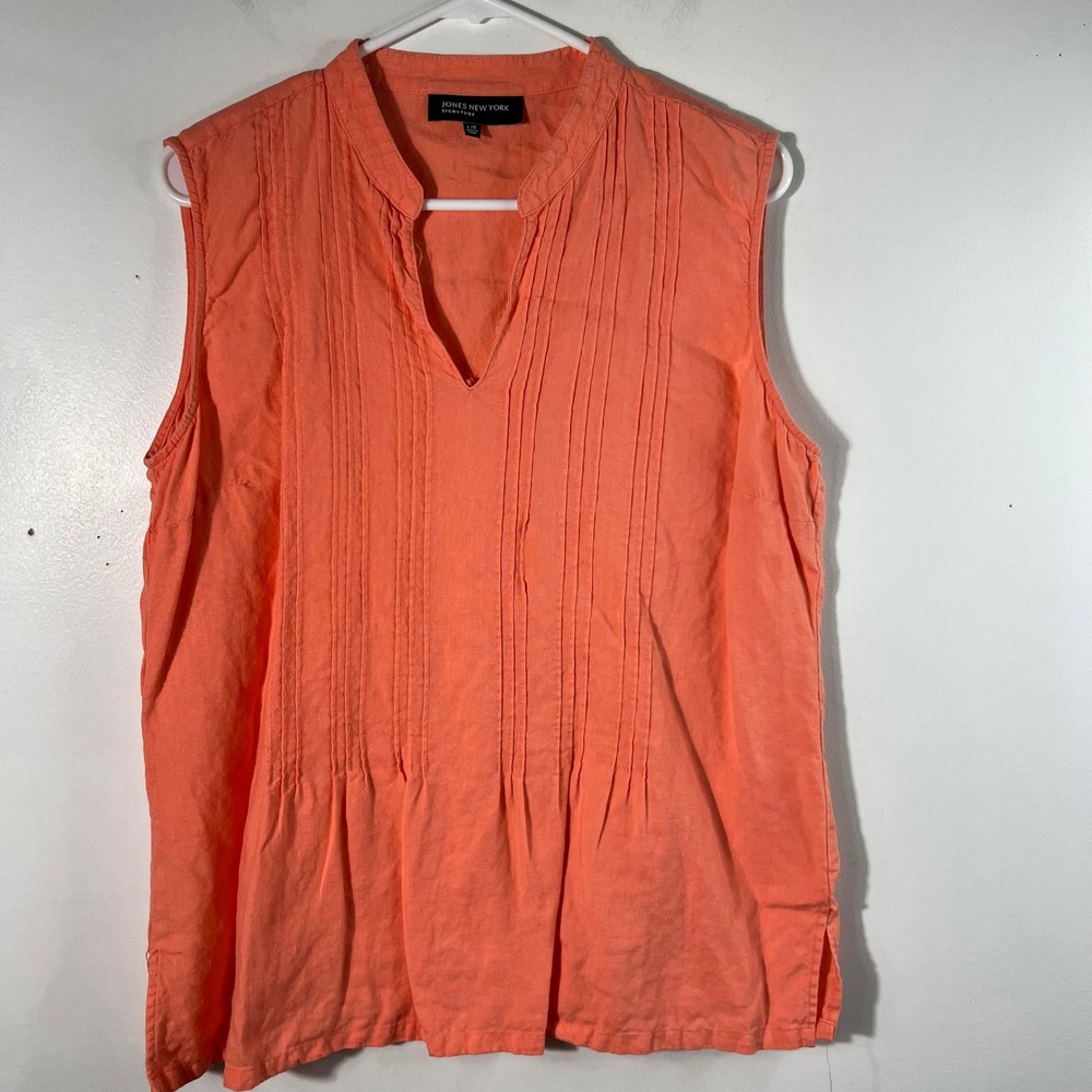 Jones New York V Neck Pleat Front Sleeveless Linen Pullover Shirt‎ Orange L